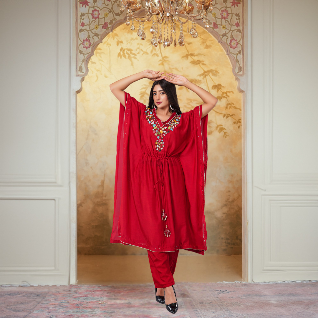 Muslin Fabric Kaftan-Pant Set With Latest Handwork Embroidery For Women