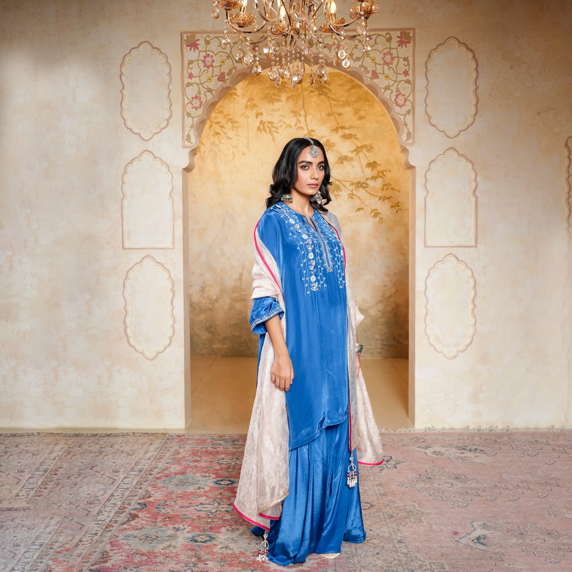 Royal blue sharara with moti & cut dana hand embroidery