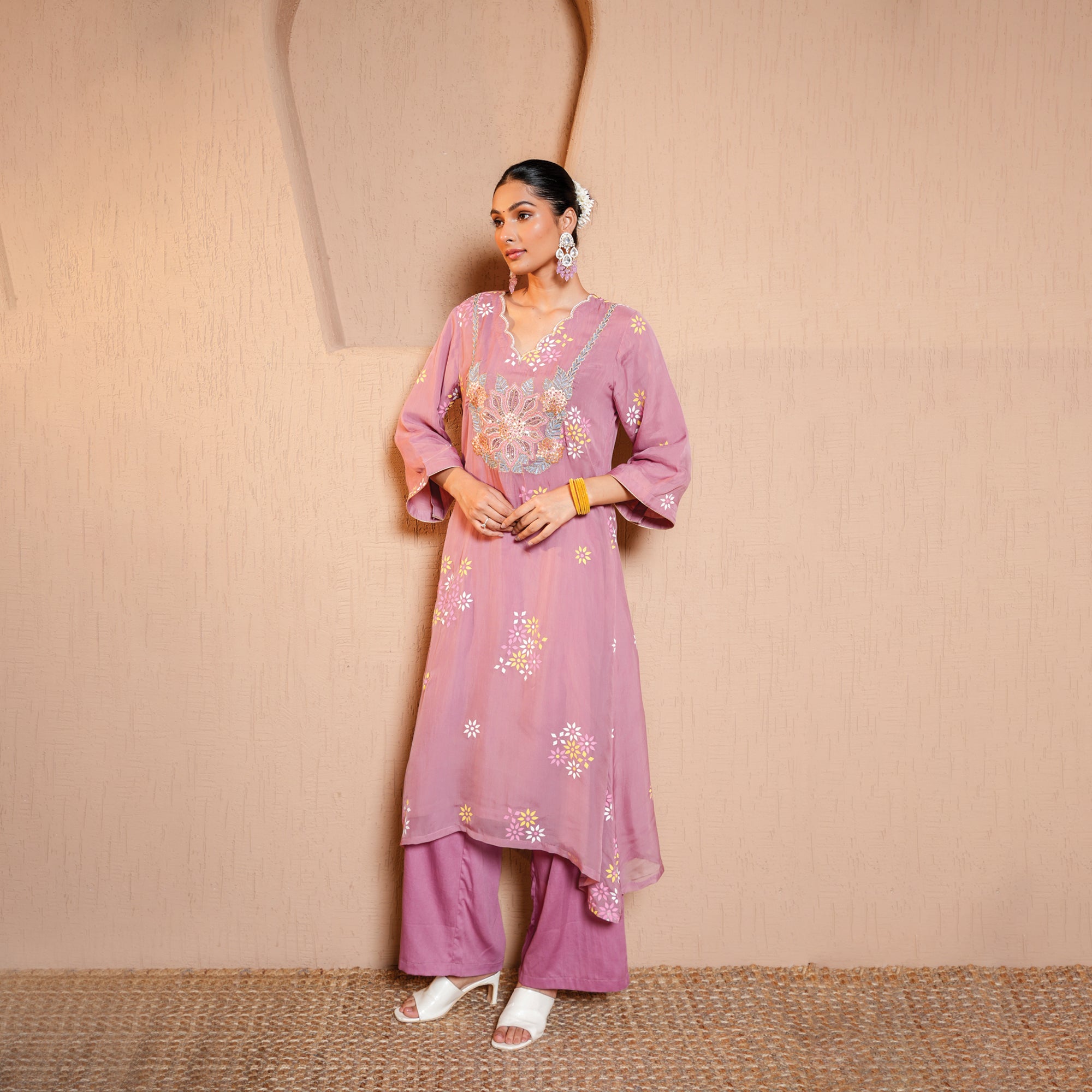 Organza a-line kurta-plazo set with thread work embroidery