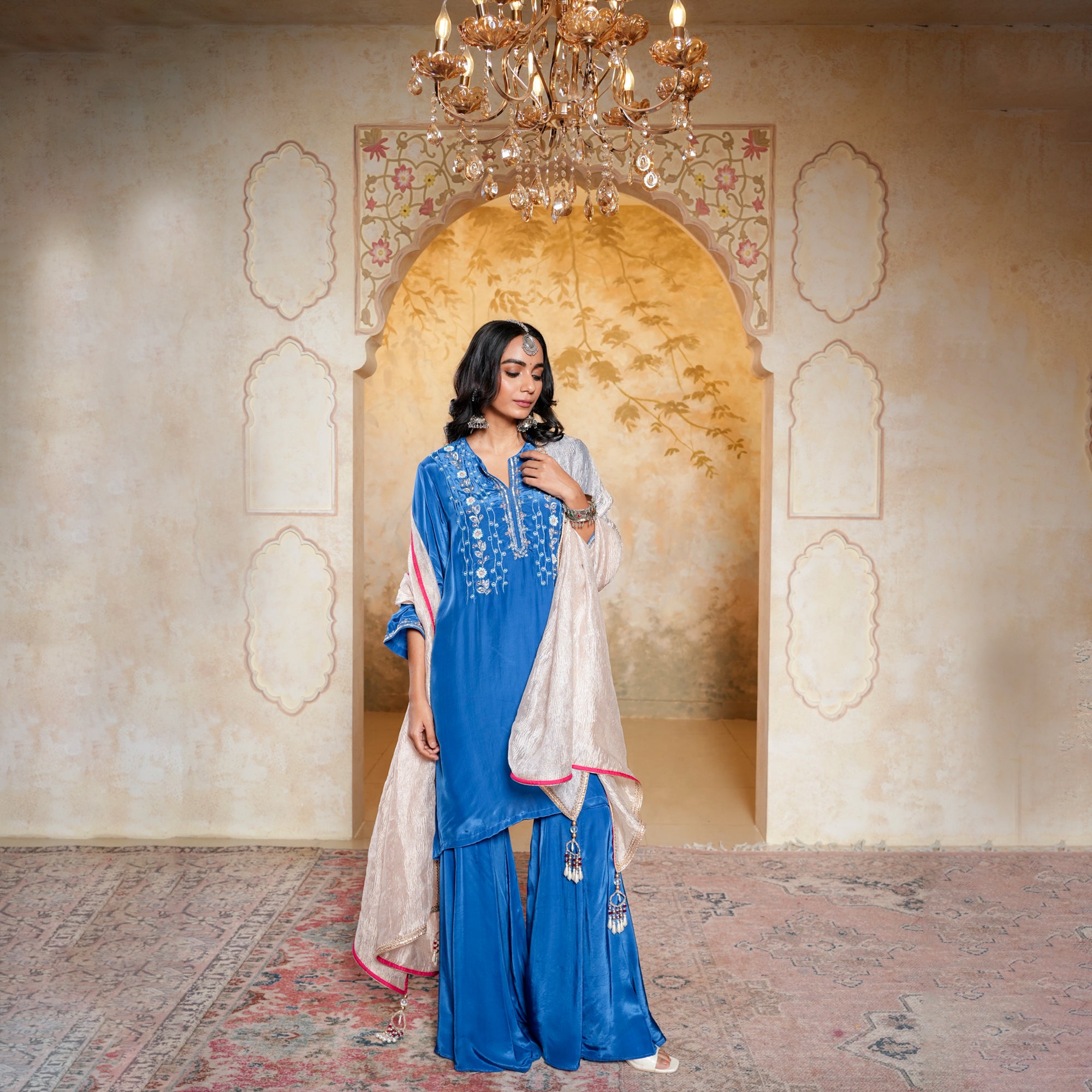 Royal blue sharara with moti & cut dana hand embroidery