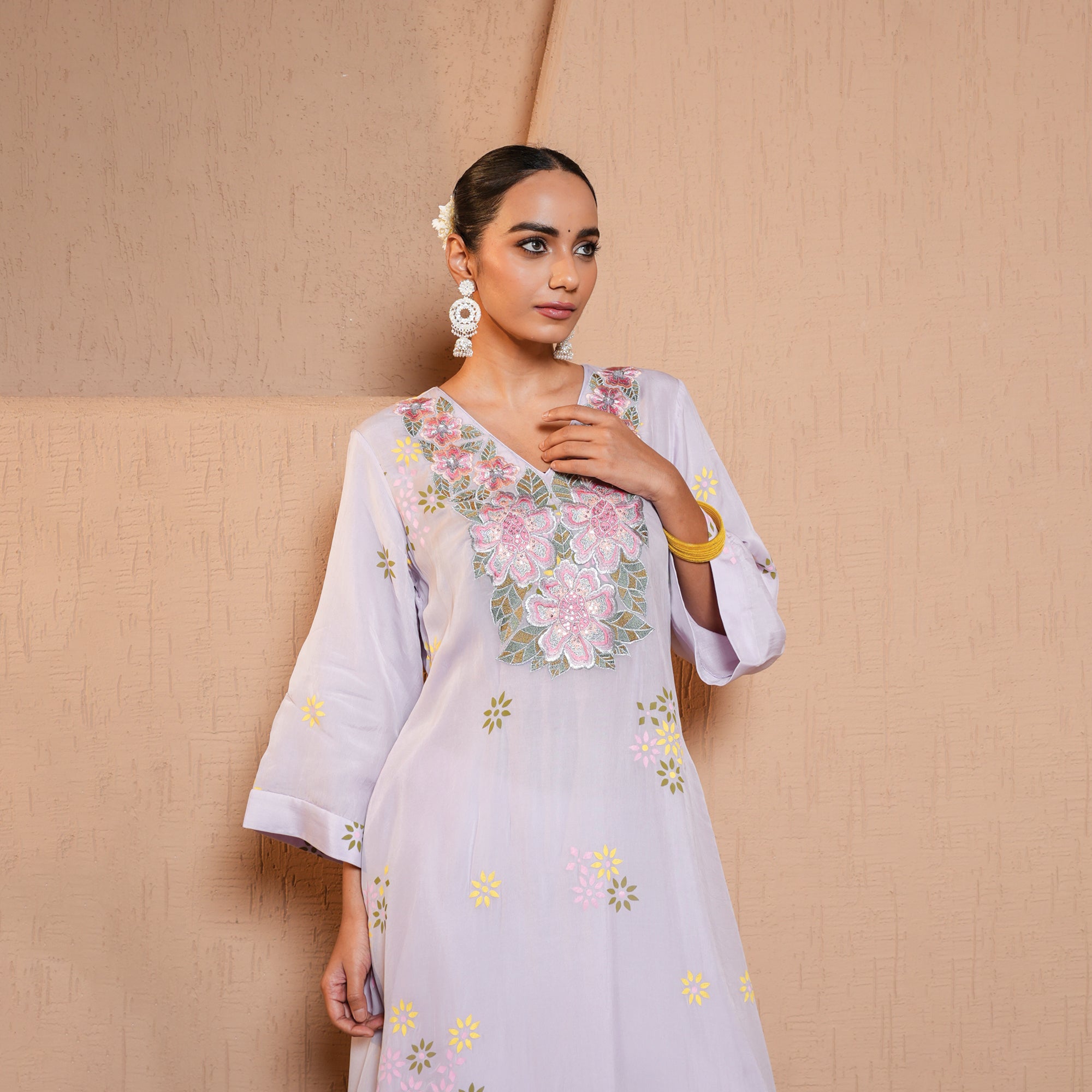 Organza a-line kurta-plazo set with thread work embroidery