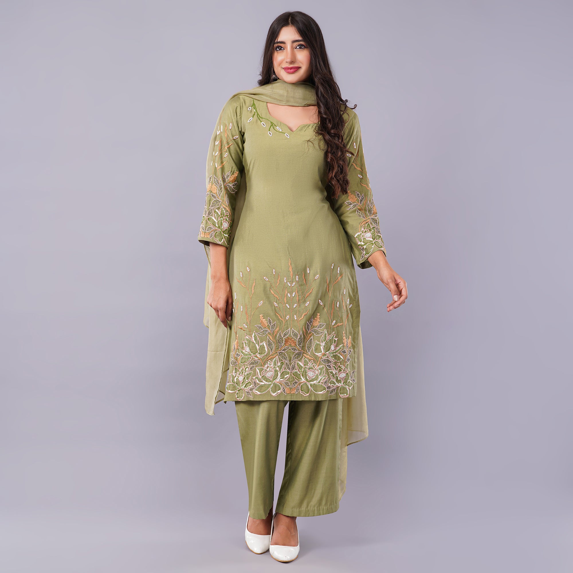 Mehndi Colour Kurti Set with Hand Work Embroidery