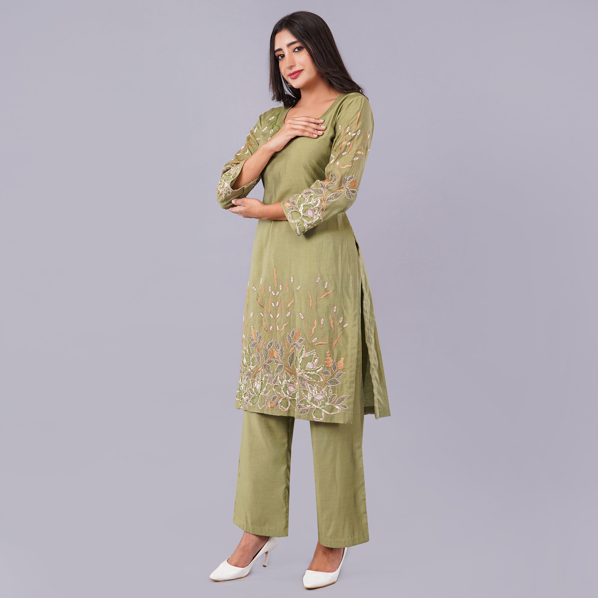 Mehndi Colour Kurti Set with Hand Work Embroidery