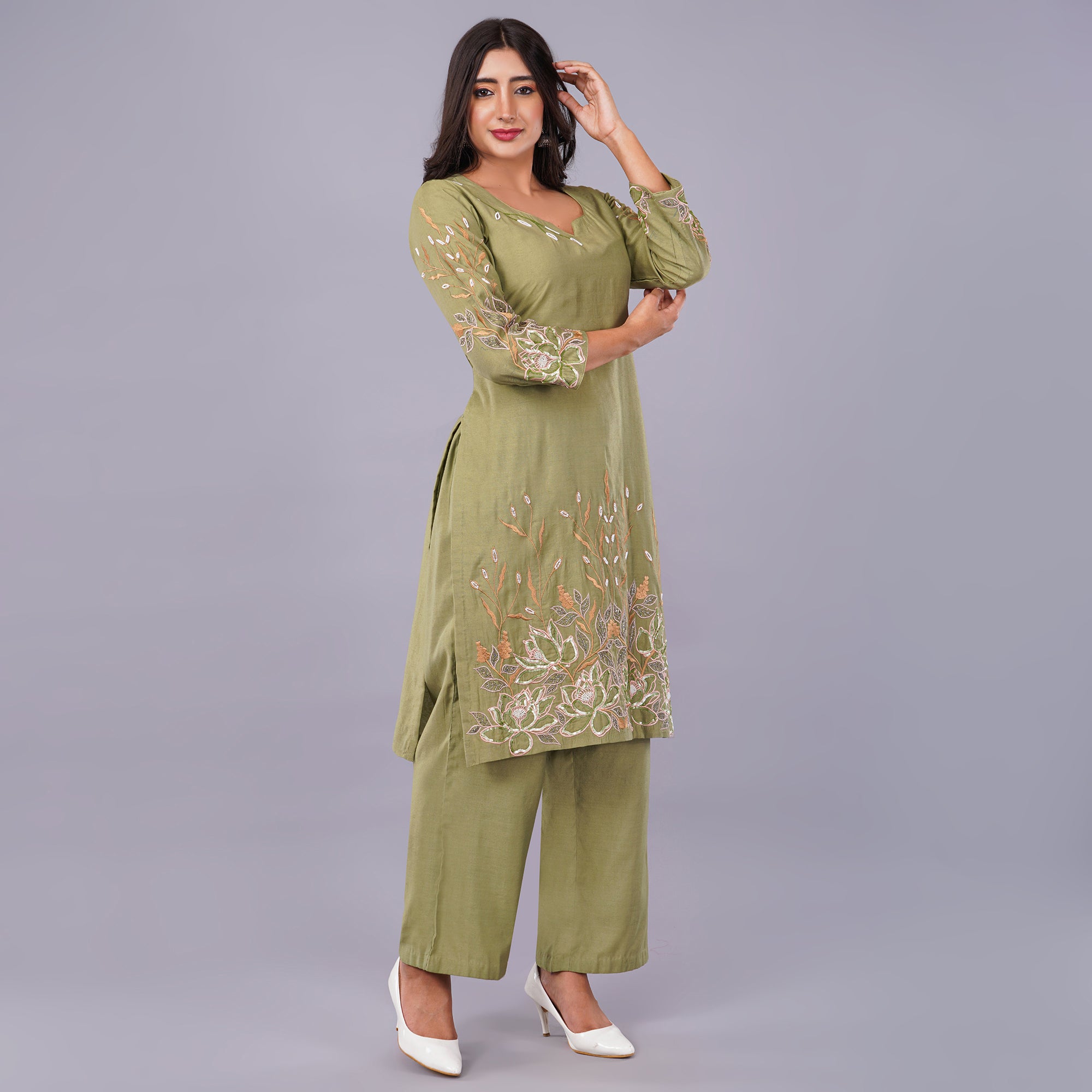 Mehndi Colour Kurti Set with Hand Work Embroidery