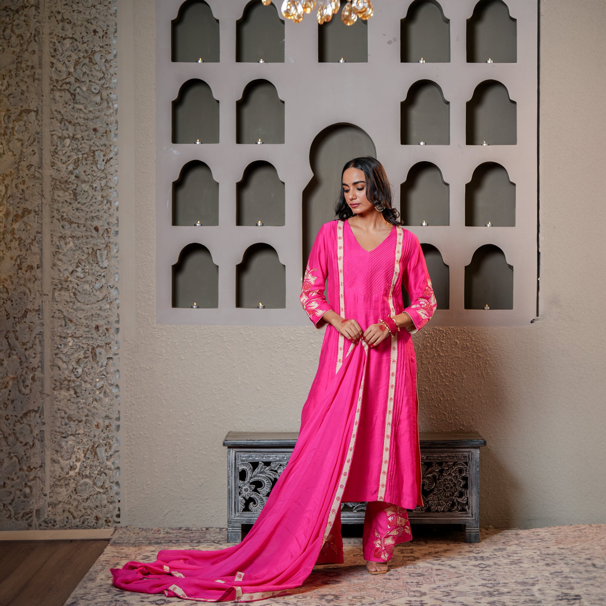 Designer Dola Silk Suit with Applique and Plazo
