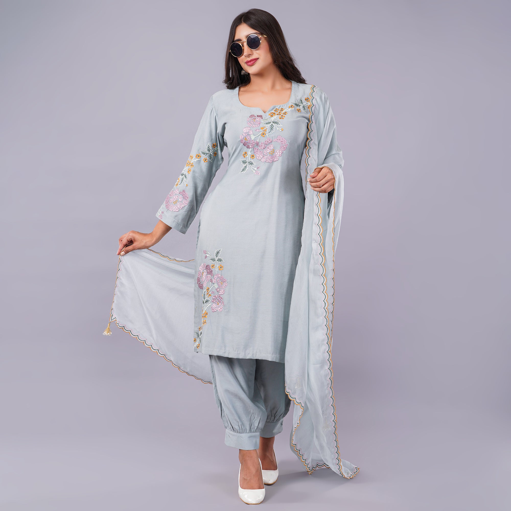 Grey Colour Kurti Set With Afghani Salwar