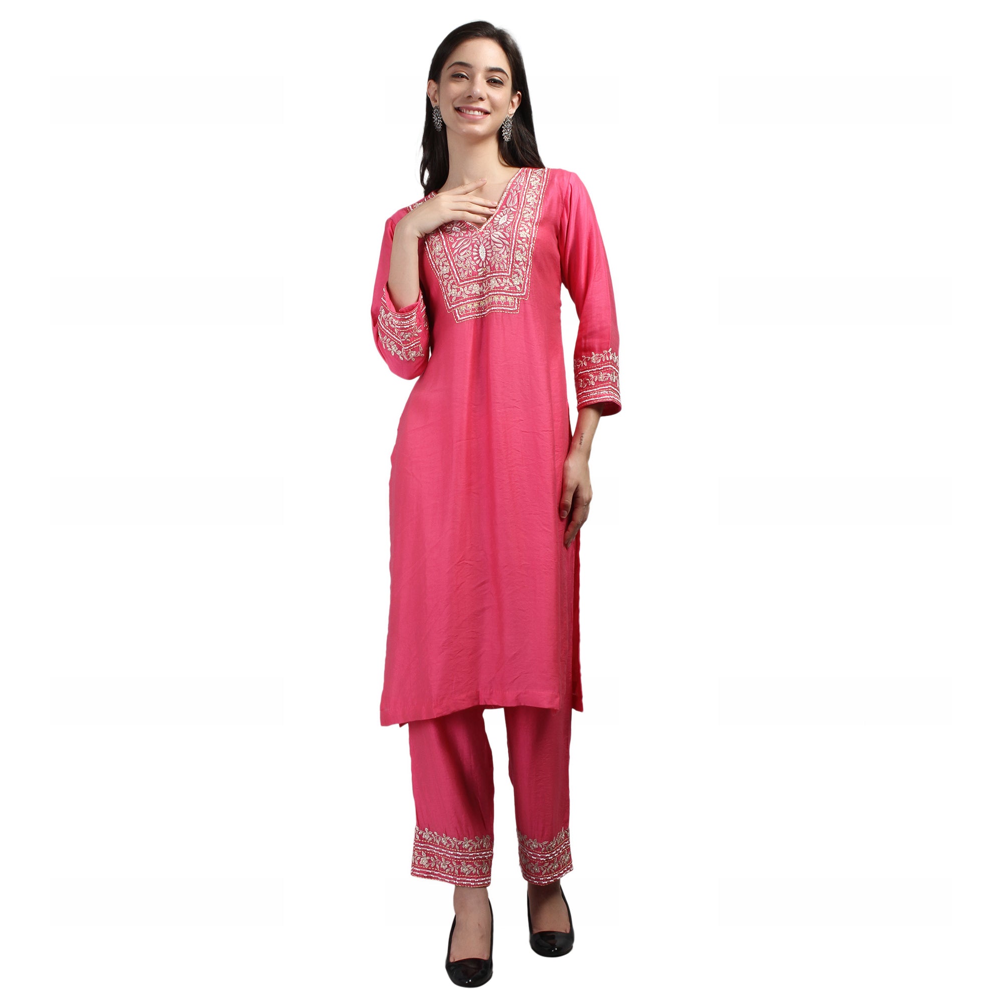 Viscose Chanderi Suit Set With Machine & Hand Emroidery