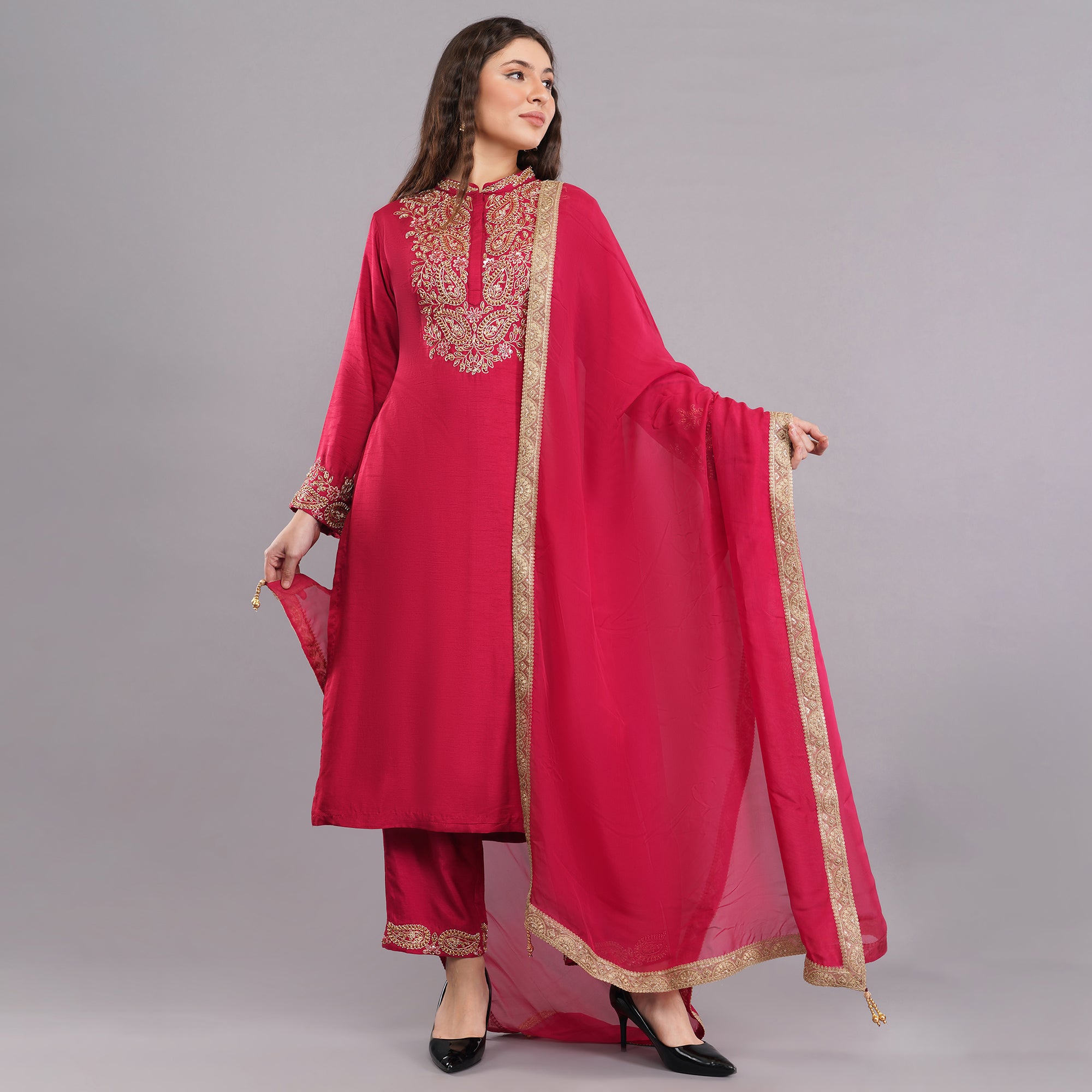 Dola Silk Suit Set With Booti Hand Embroidery Work