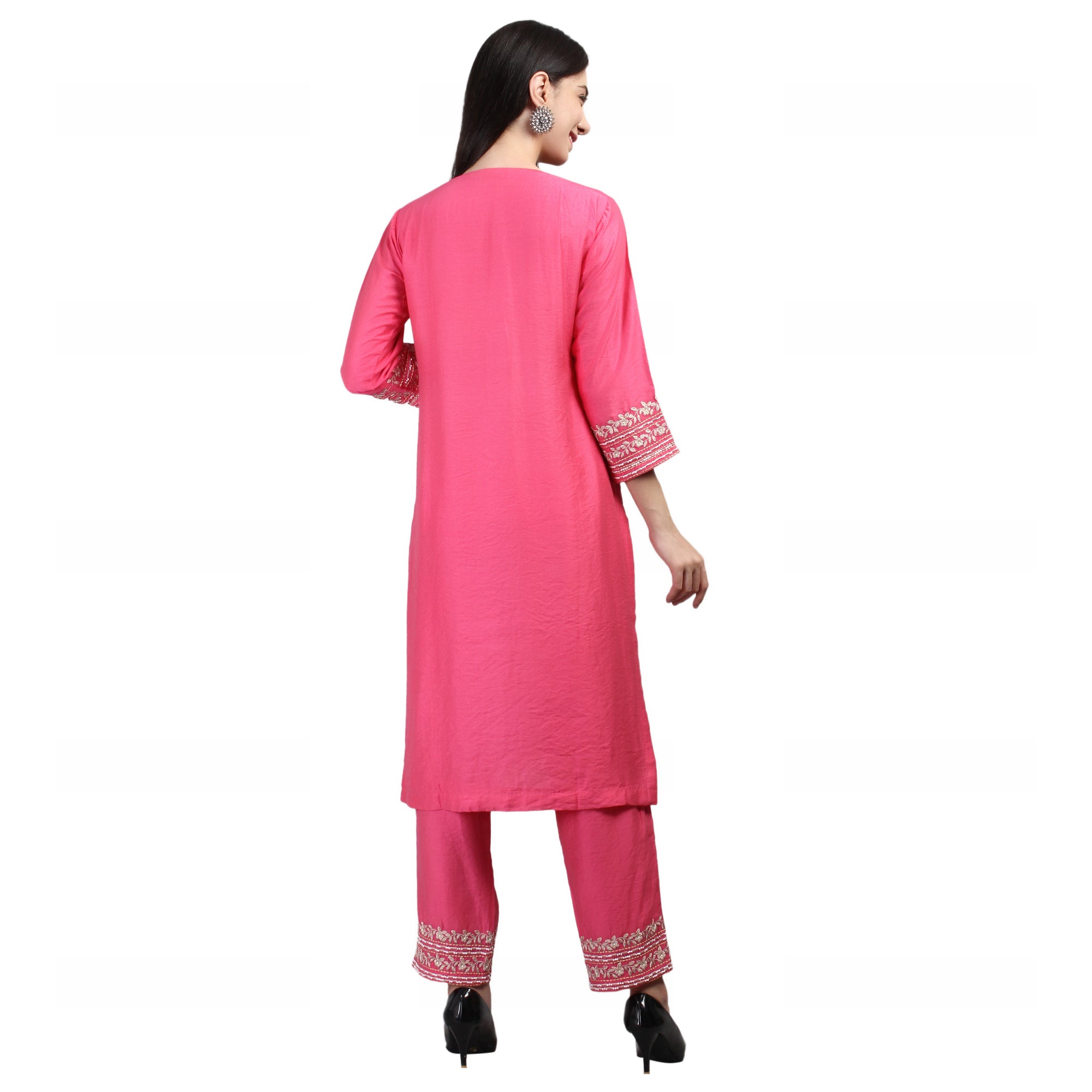 Viscose Chanderi Suit Set With Machine & Hand Emroidery