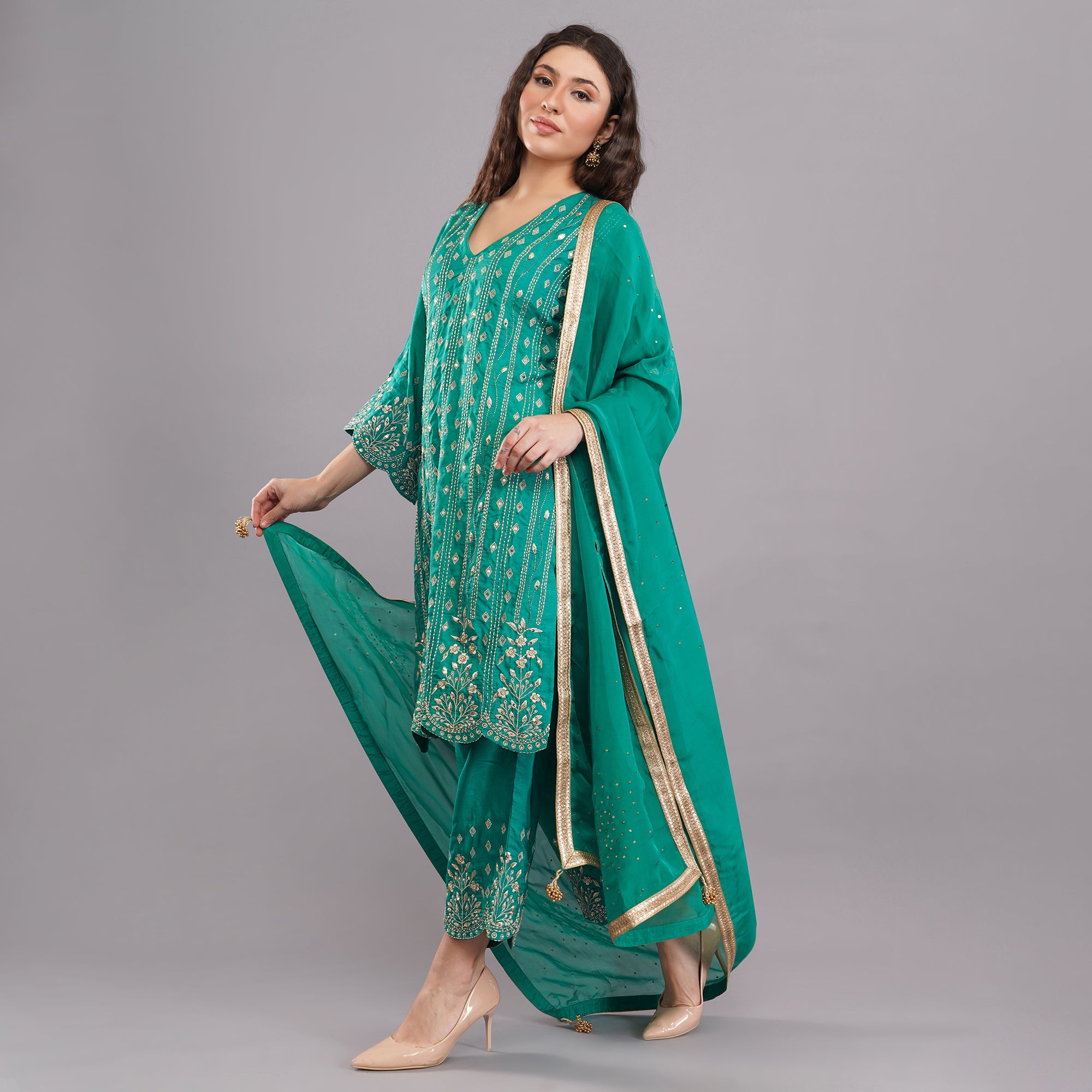 Chanderi Straight Suit With Zari Hand Work Embroidery