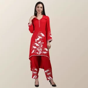 Rayon C-cut Kurti-Pant with Flower Hand Embroidery