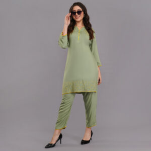 Straight Rayon Kurti-Pant With Machine Work