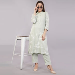 Rayon Beach Block Printed Co-ord Set with Lace Work For Women